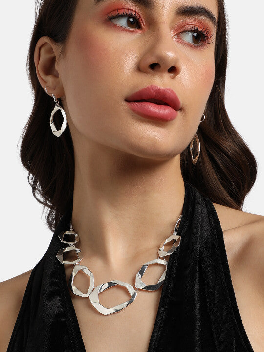Silver Toned Twisted Necklace With Earrings