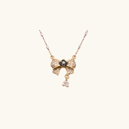 Diamond Bow Necklace with Black Pearl