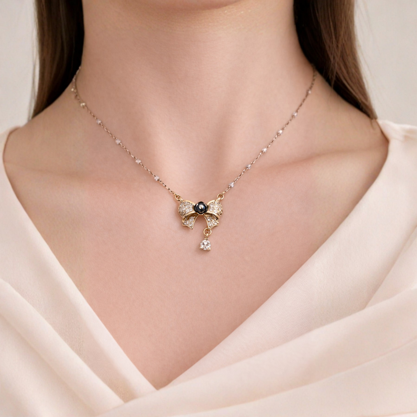 Diamond Bow Necklace with Black Pearl