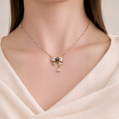 Diamond Bow Necklace with Black Pearl